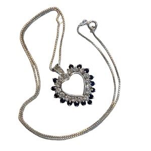 925 Sterling Silver heart shape diamonique and sapphire pendant, 18” box chain